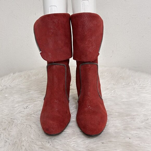 Pilar Avril Red Leather Zipper Boots High Heels Fold Over Size 40 EU 8.5-9 US - Picture 3 of 10
